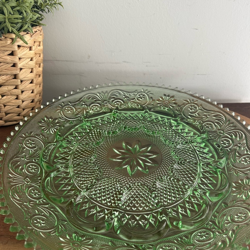 Vintage Tiara Chantilly Green Glass Sandwich deviled egg platter plate 12”
